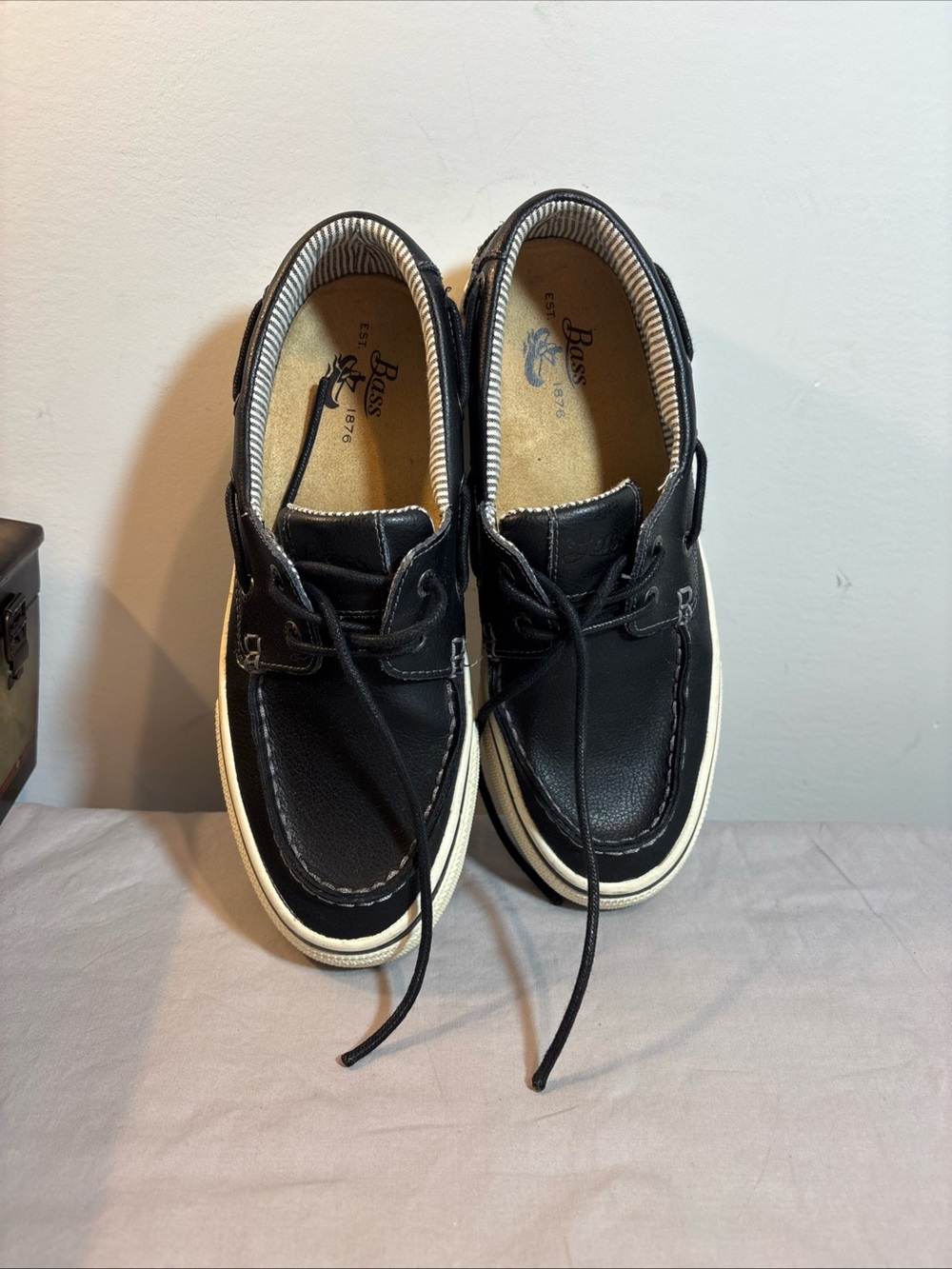 Bass Black and White Leather Boat Shoes